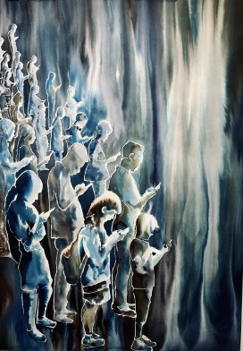 „Station“, Aquarell 130-100 cm Waiting without human interactions. 2024