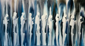 „Queue“, Aquarell 90-150 cm Working waiting. 2024