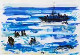 Boatpeople, aus der Serie zum Thema Flucht, 2015, Aquarell, 50 x 60 cm