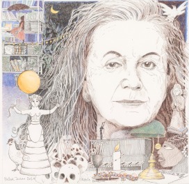 «Schriftstellerin-Portrait, Irena Brezna», 60 x 60 cm, Federzeichnung & Farbstifte, 2021