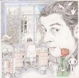 «Schriftsteller-Portraits, Pedro Lenz an seinem Arbeitsplatz», 60 x 60 cm, Federzeichnung & Farbstifte