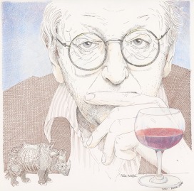 «Schriftsteller-Portrait, Peter Bichsel», 60 x 60 cm, Federzeichnung & Farbstifte