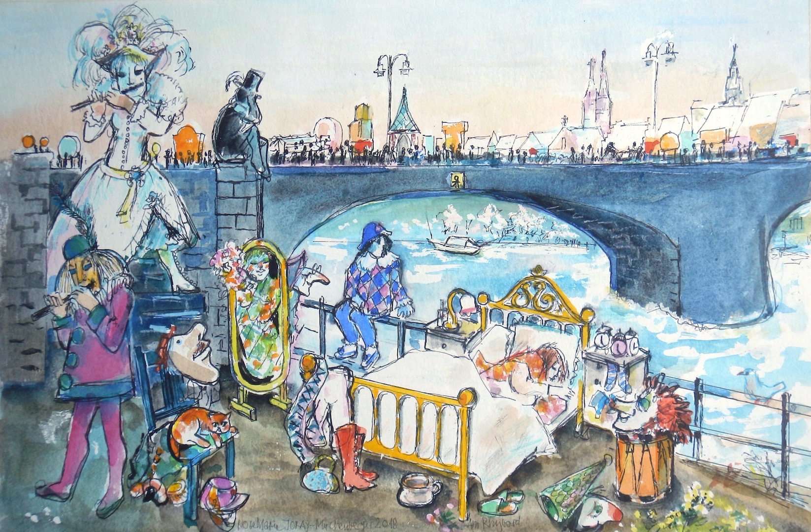 Am Rhybord, 2018, Aquarell und Stifte, 50 x 60 cm